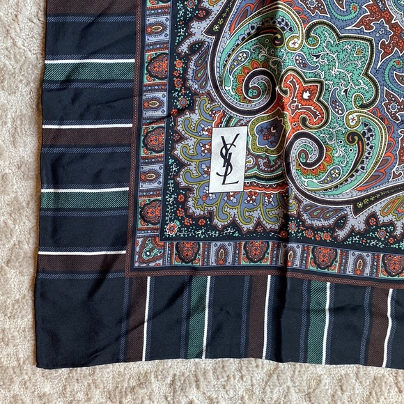 Yves Saint Laurent YSL Black Paisley and Striped Square Silk Scarf, 33” square - Picture 5 of 7